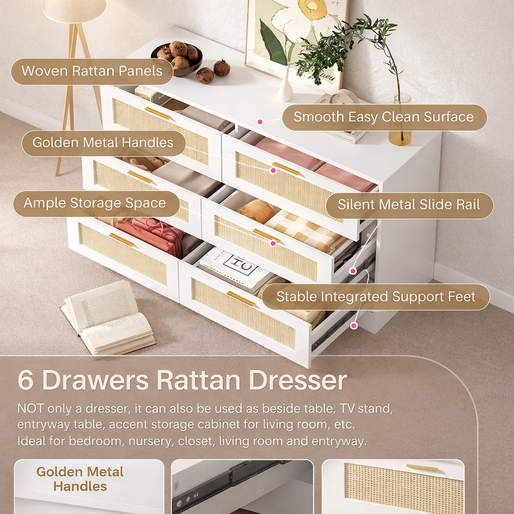 Arden Cane 6-Drawer Dresser