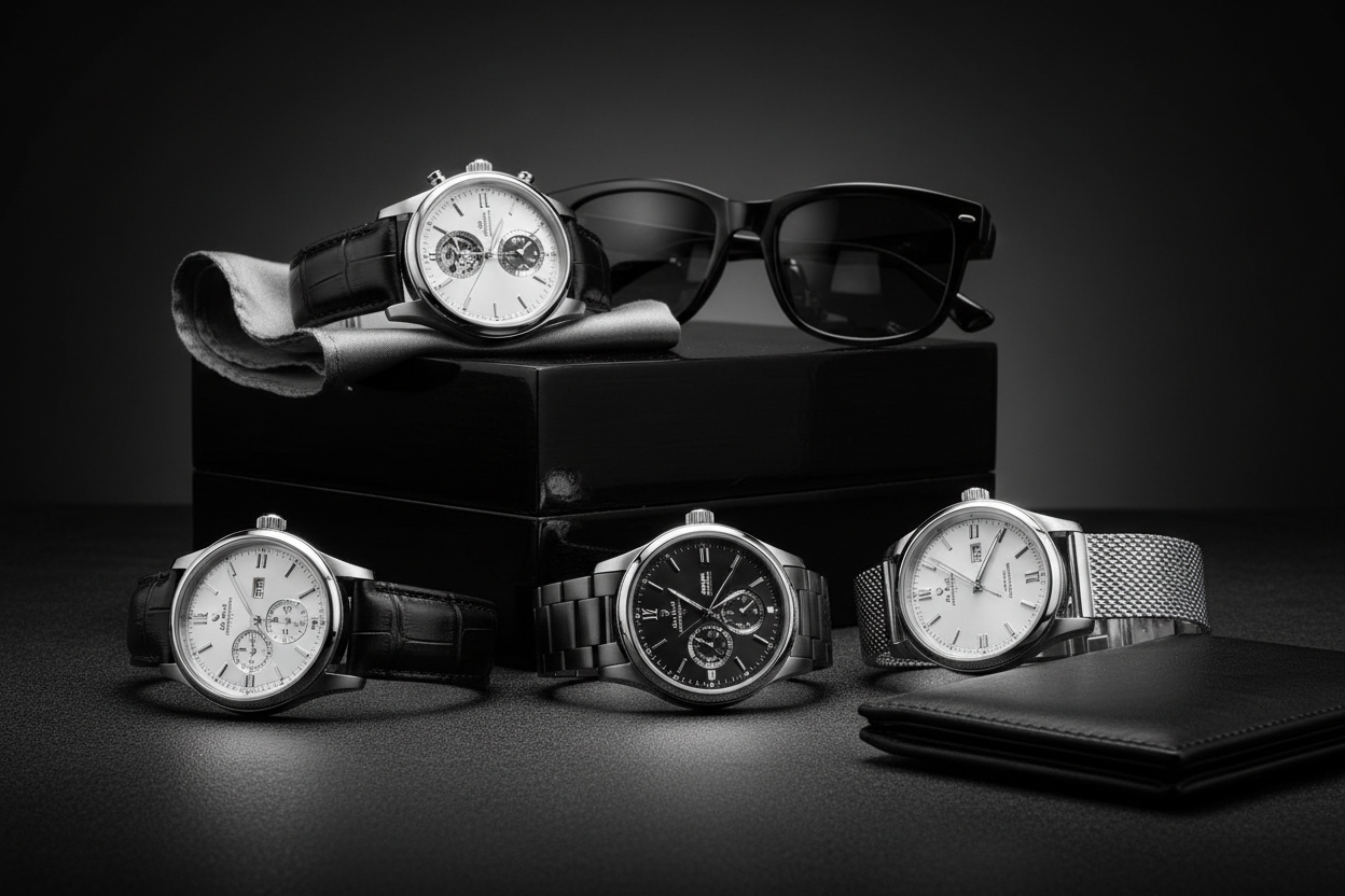 accessories like watches and ake it black and shite